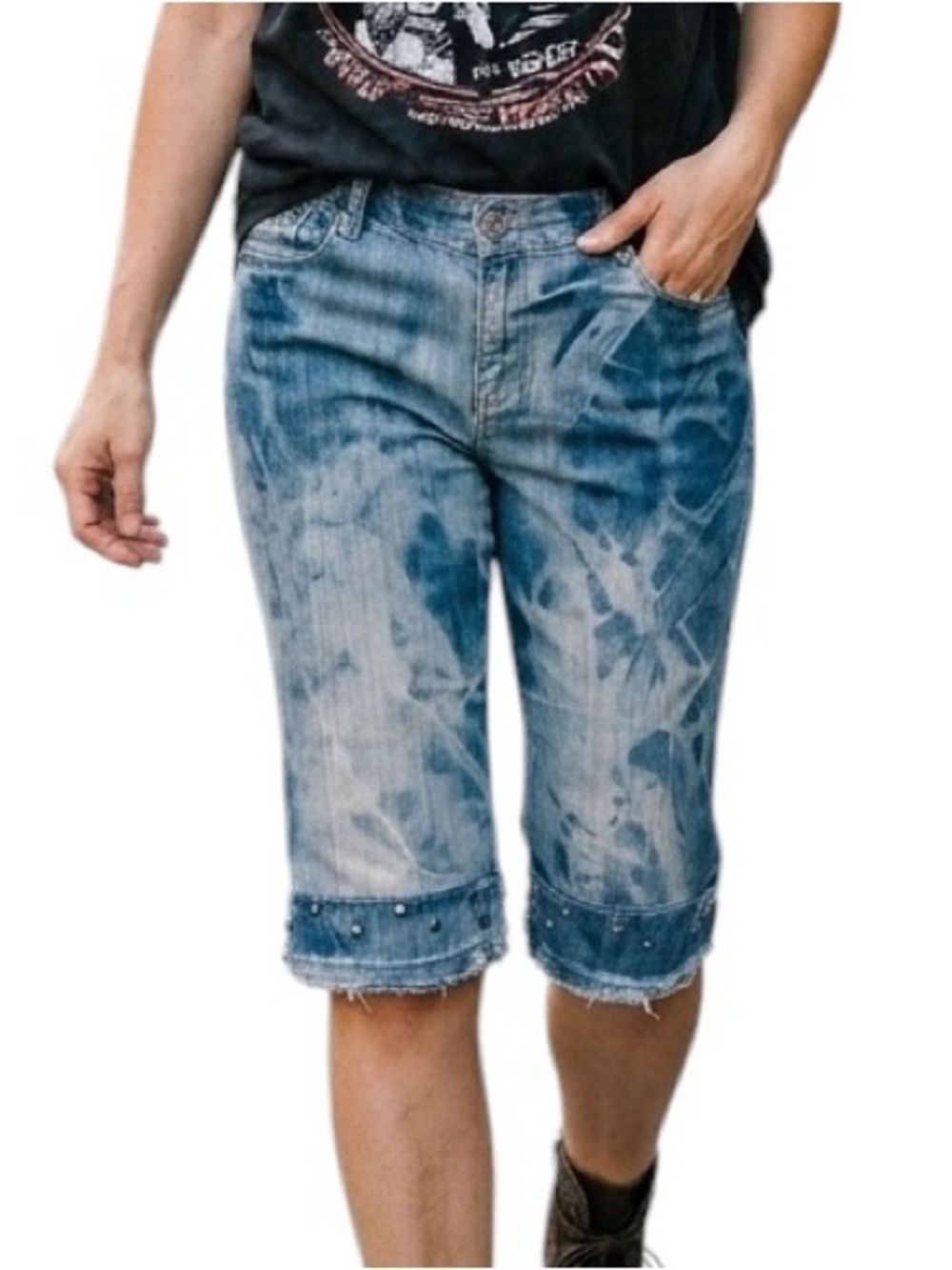 ROCK & REPUBLIC VICTORIA BECKHAM Acid Wash Jean Capri Shorts Jorts Upcycled 30
